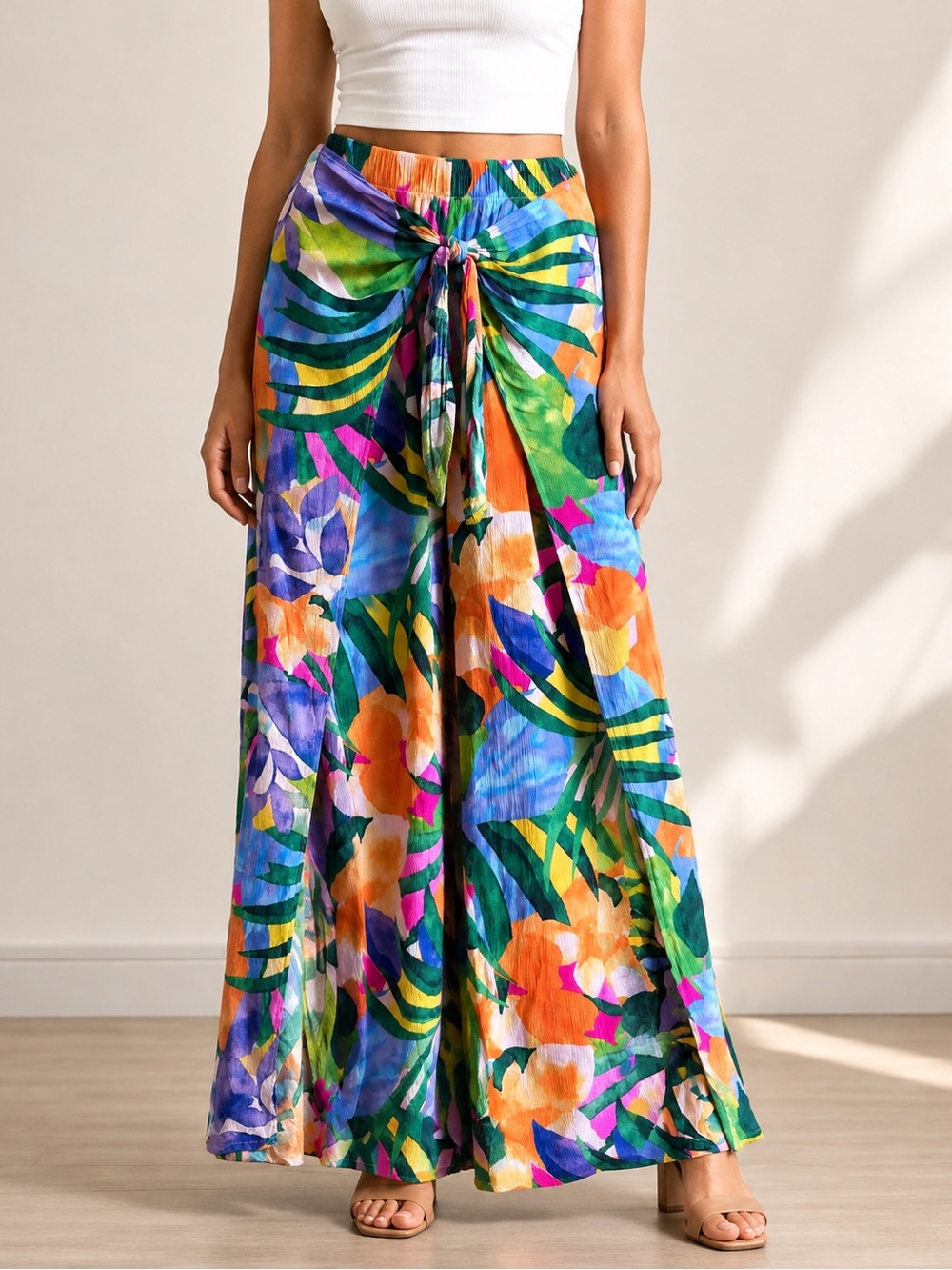 Kona Sol Bright Multicolor Tropical Wide-Leg Pants with Front Tie S
